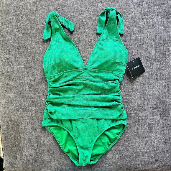 Ellen Tracy Women Green Ruched Tummy control Shoulder Tie One Piece Swimsuit 10 - Picture 1 of 13